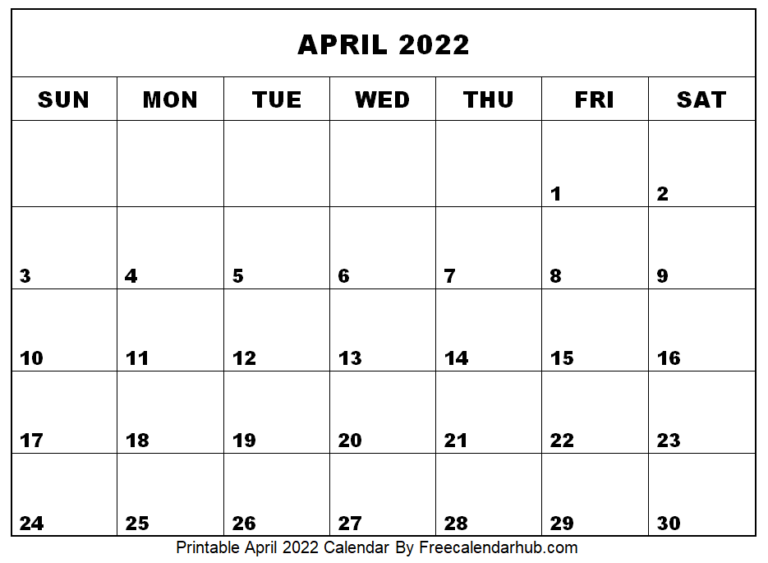 Free Printable April 2022 Calendar | Print Calendar April 2022