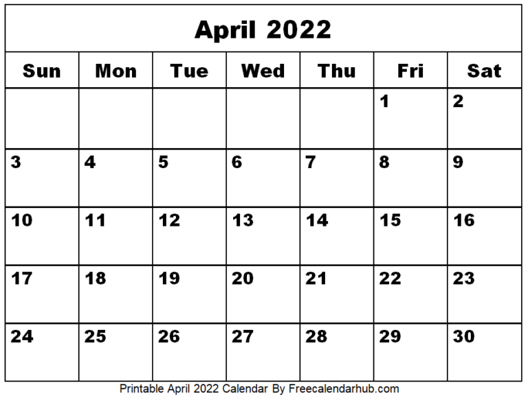 Free Printable April 2022 Calendar | Print Calendar April 2022