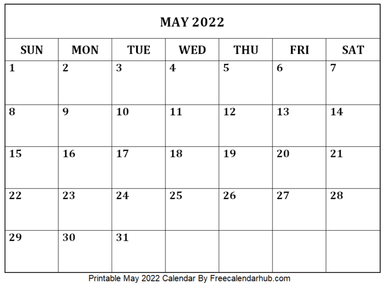 Printable May 2022 Calendar - Free Printable Calendars 2022