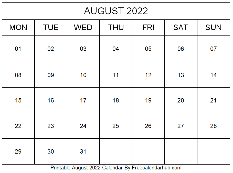 2022 August Calendar Printable With Holidays