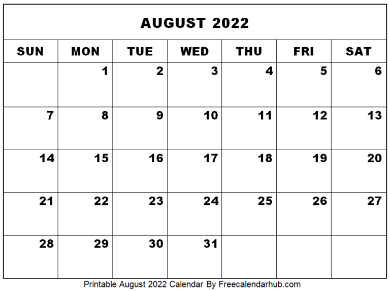 Printable August 2022 Calendar 