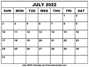 Free Printable July 2022 Calendar | Monthly Calendar July 2022