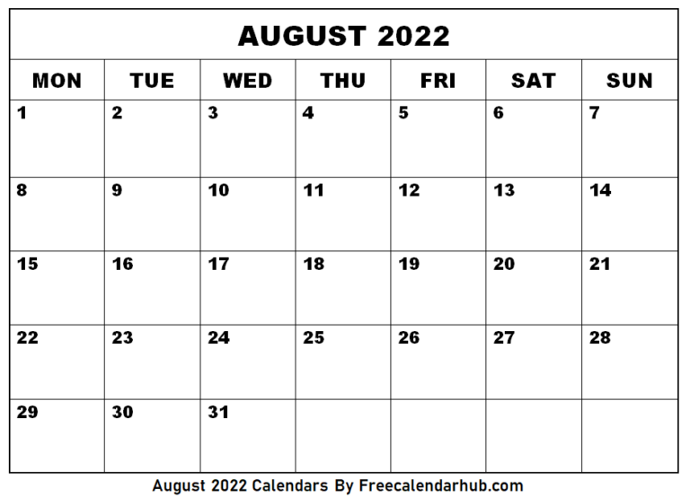 August 2022 Calendar Printable | August Holidays 2022 List