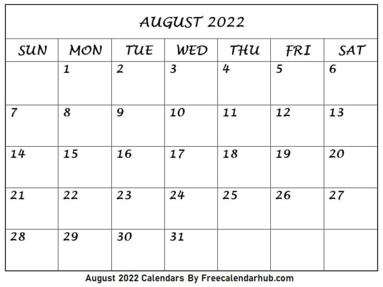 August 2022 Calendar Printable | August Holidays 2022 List