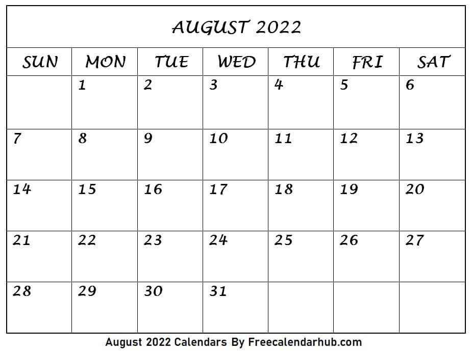 August 2022 Calendar Printable Free Download