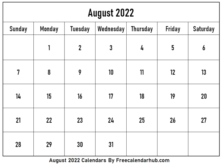 August 2022 Calendar Printable 