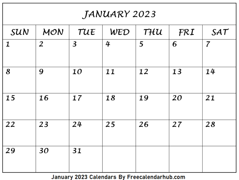 Free Print January 2023 Calendar Printable | Freecalendarhub