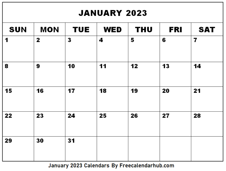 Free Print January 2023 Calendar Printable | Freecalendarhub