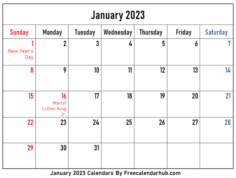 Free Print January 2023 Calendar Printable | Freecalendarhub