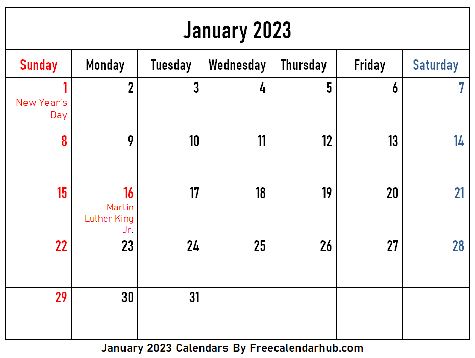 January 2023 Calendar Printable With Holidays