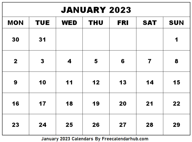 Free Print January 2023 Calendar Printable | Freecalendarhub