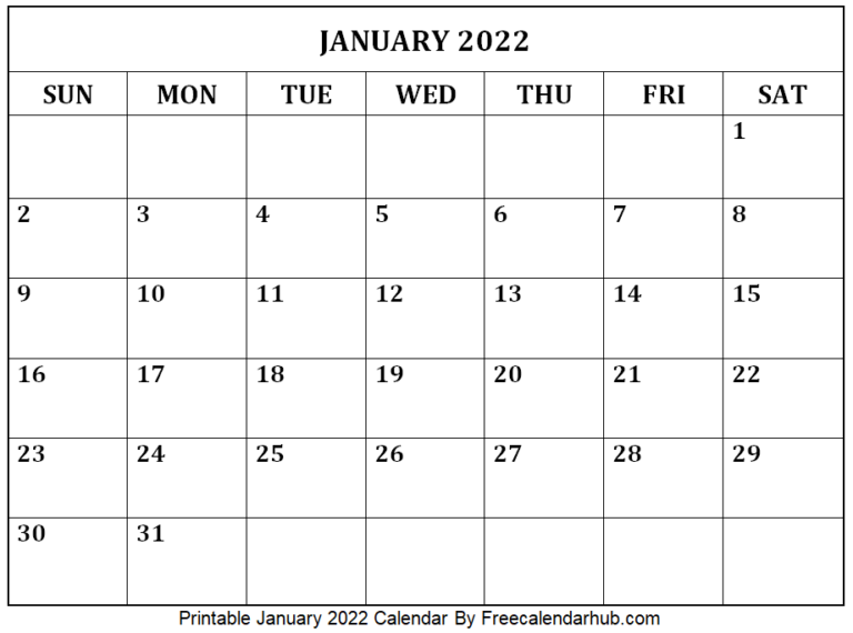 Printable January 2022 Calendar - Free Printable Calendars 2022