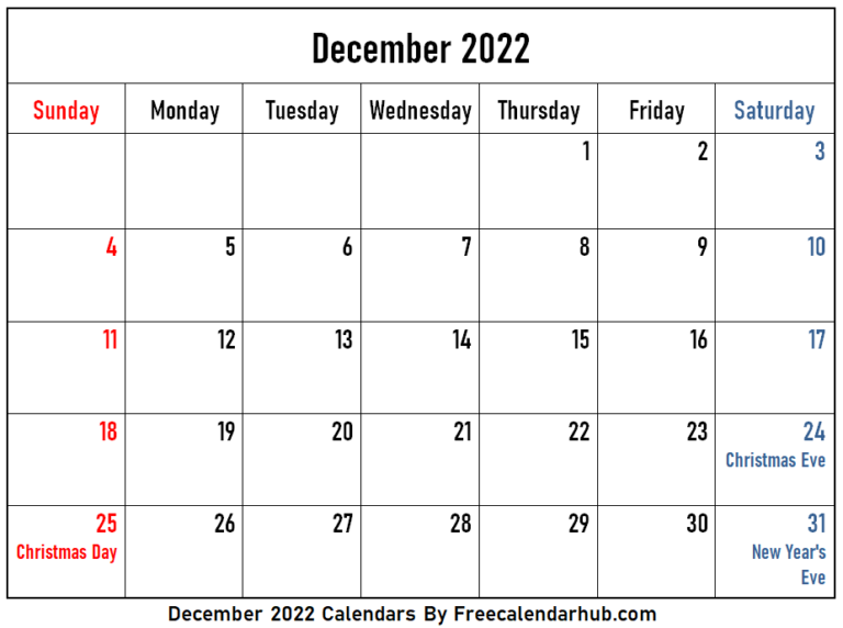 December 2022 Calendar Printable | Free Printable With Holidays